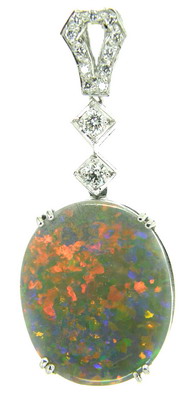 Diamond Art Deco Black Opal Pendant. Fine vivid Black Opal