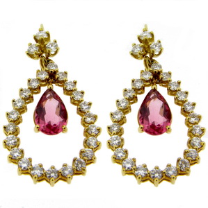 Pink Pear Shape Pink Tourmaline & Diamond Drop Earrings - Click Image to Close