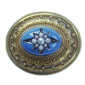Victorian Blue Enamel and Half Pearl Locket Brooch - Click Image to Close