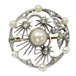 Art Nouveau Edwardian Pearl and Diamond Circular Brooch. C1905