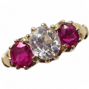 A Victorian Ruby and Old Cut Diamond Three Stone Ring - Click Image to Close