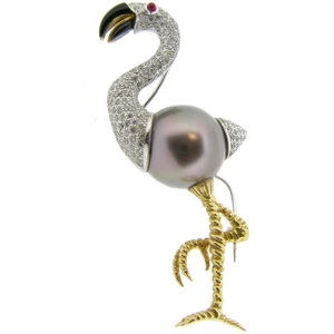 Flamingo Brooch Clip - South Sea Pearl and Diamond Clip - Click Image to Close