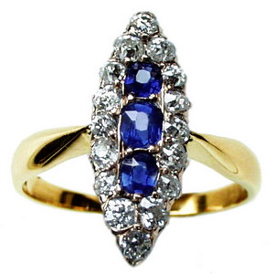 Victorian Navette Sapphire & Old Cut Diamond Marquise Ring - Click Image to Close