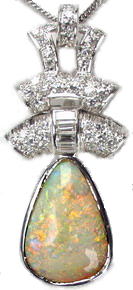 A Vintage Art Deco Pear Shape Opal & Diamond Pendant - Click Image to Close