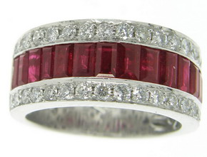 Contemporary Baguette Ruby and Diamond Half Eternity Ring - Click Image to Close