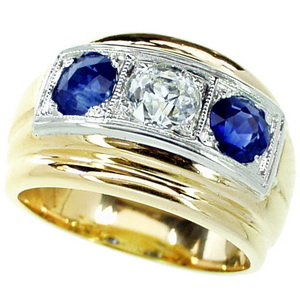 1940's Sapphire & Diamond Three Stone Ring - Click Image to Close