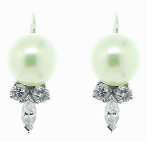 Cultured Pearl & Diamond Earrings, Signed KERN - Click Image to Close