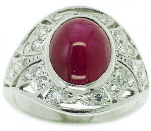 Art Deco Cabochon Star Diamond & Ruby Dress Ring - Click Image to Close