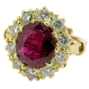 Oval Ruby and Brilliant Cut Diamond cluster Ring - Click Image to Close