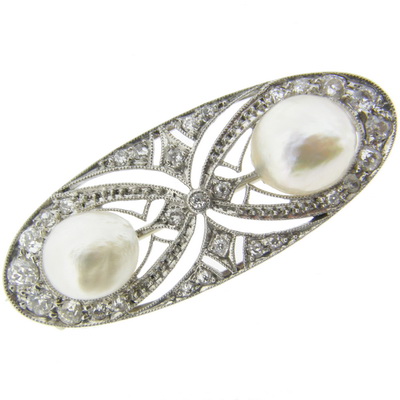 Art Deco Diamond and Natural Pearl Brooch - Click Image to Close
