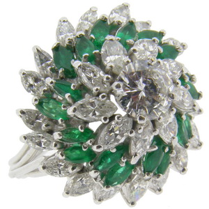 Bombe Marquise diamond and emerald cluster ring - Click Image to Close