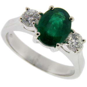 18ct white gold Fine Oval Emerald & diamond 3 stone ring - Click Image to Close