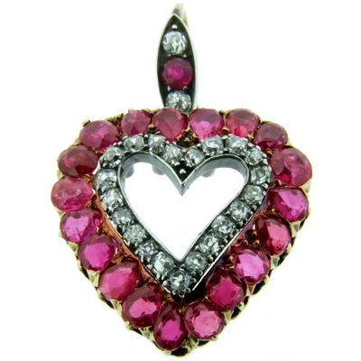 Victorian Ruby and Diamond heart pendant and chain - Click Image to Close