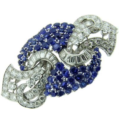 Art Deco Sapphire and Diamond double clip brooch - Click Image to Close