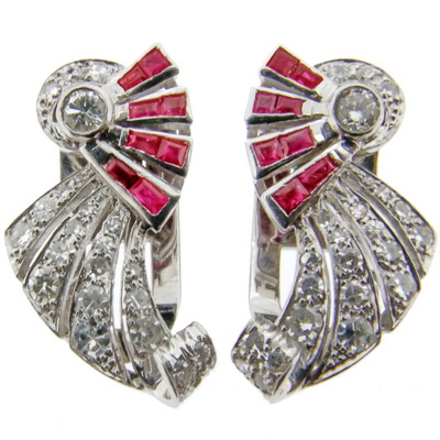 Pair of Art Deco Ruby & Diamond Ear clips - Click Image to Close