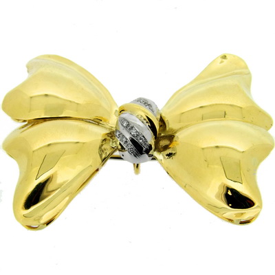Yellow and White Gold Diamond Set Bow Brooch - Click Image to Close