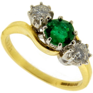 Emerald and Diamond Three Stone Ring - Click Image to Close