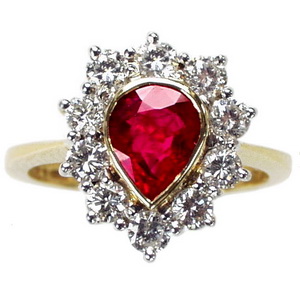 Pear Shape Ruby & Diamond Cluster Ring - Click Image to Close