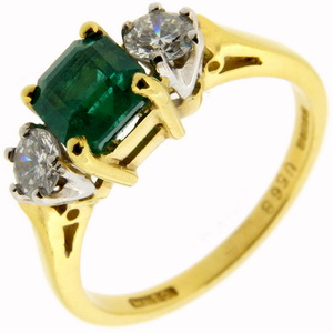 Octagonal Emerald & diamond 3 stone ring - Click Image to Close